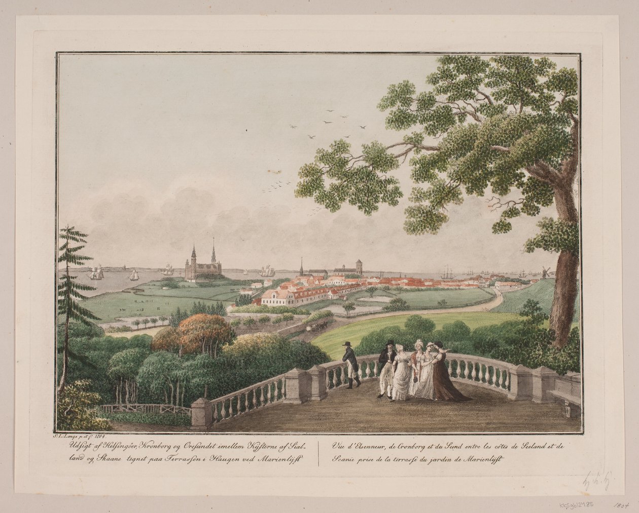 Utsikt över Helsingör, Kronborg och Öresund mellan Själlands och Skånes kuster. Skylten på altanen i hänget på Marienlyst av Søren L. Lange