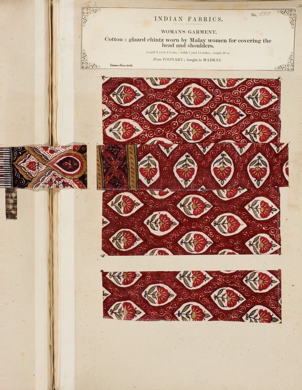 Bomullsglaserat chintzprov från Poonary, köpt i Madras, från The Collection of the Textile Manufacturers of India, av John Forbes Watson, publicerad 1866 av Sri Lankan School