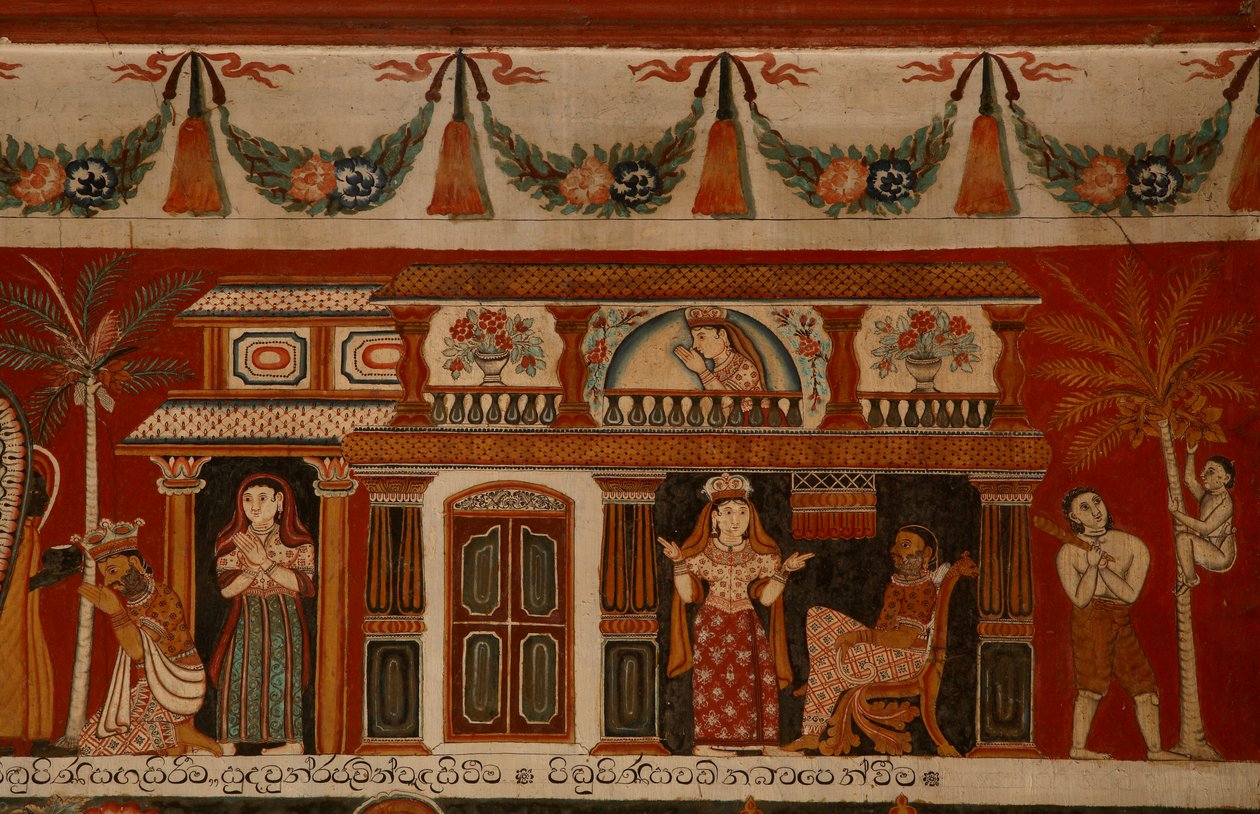 Väggmålning som visar ett singalesiskt hus i Subodharama-templet, Dehiwala (väggmålning) av Sri Lankan School