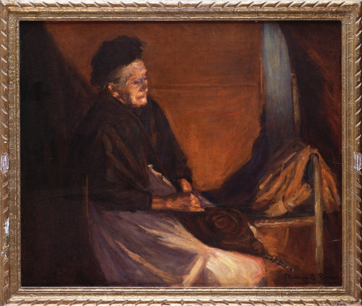 Gammal kvinna med bälg vid en eld (olja på duk) av Stanhope Alexander Forbes