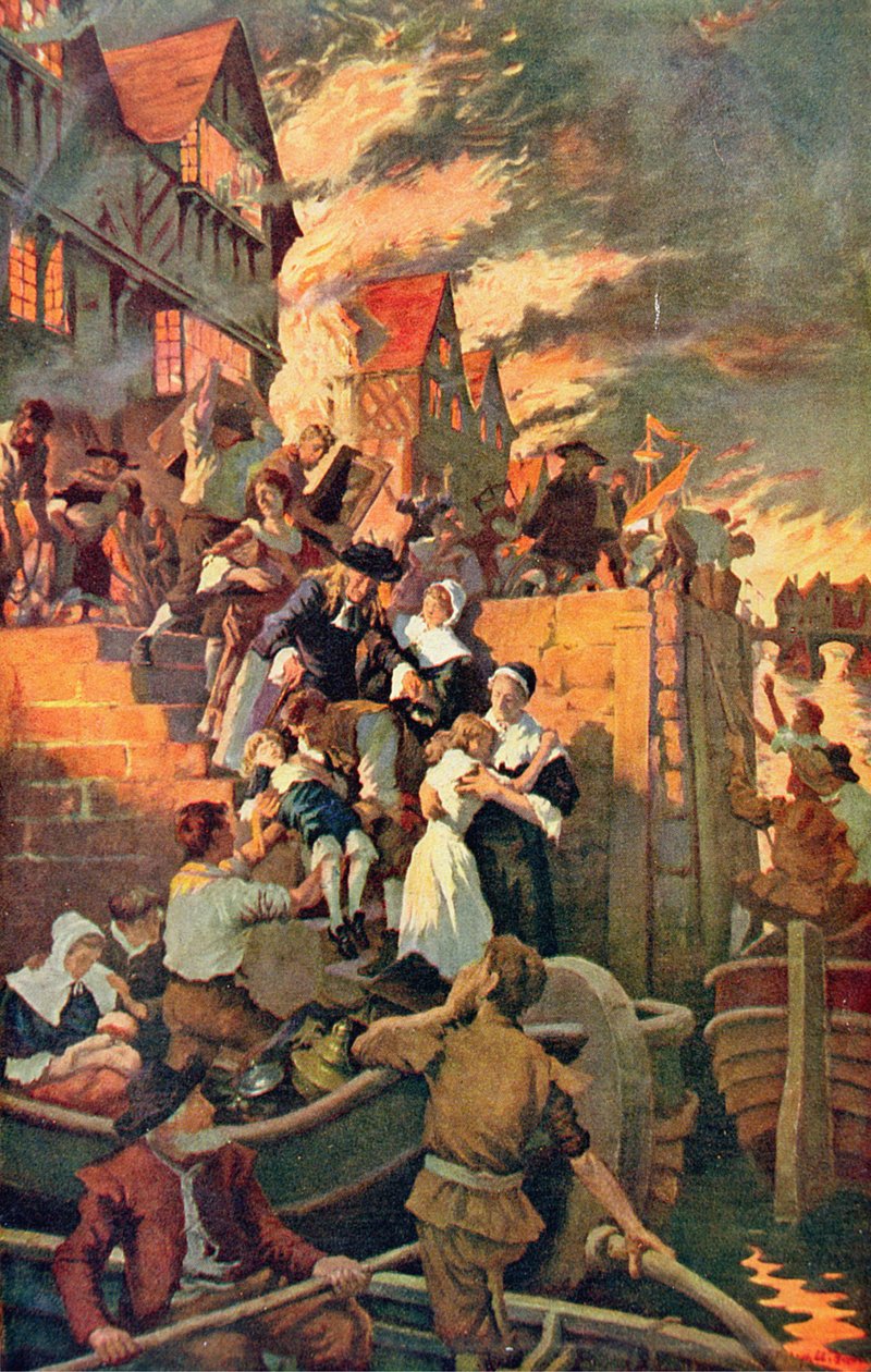 Den stora branden i London 1666, illustration från Hutchinsons "The Story of the British Nation", ca 1920 (färglitografi). av Stanhope Alexander Forbes