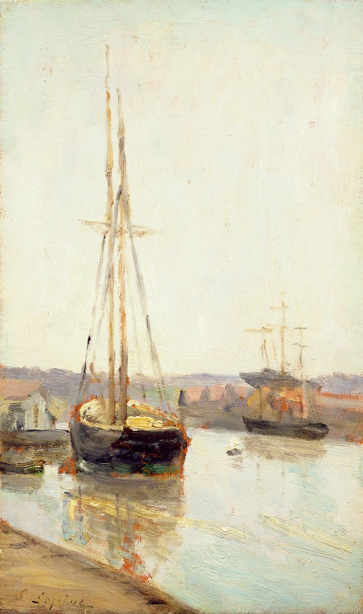 Båtar på en kanal (olja på trä) av Stanislas Victor Edouard Lepine