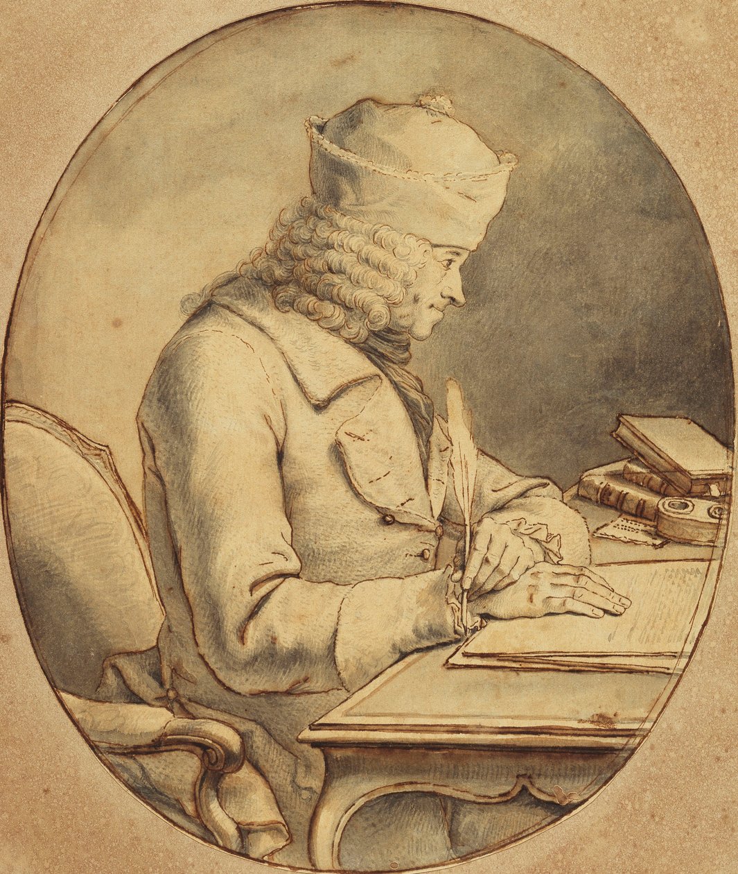 Voltaire sittande vid ett skrivbord iförd keps, i profil till vänster, ca 1765 av Stanislas Jean