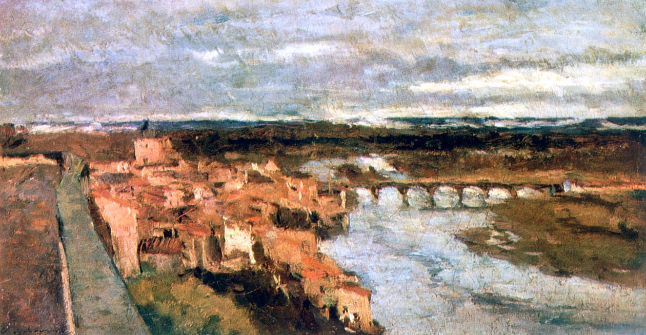 Landskap med by och bro, c1855-1892 av Stanislas Lepine