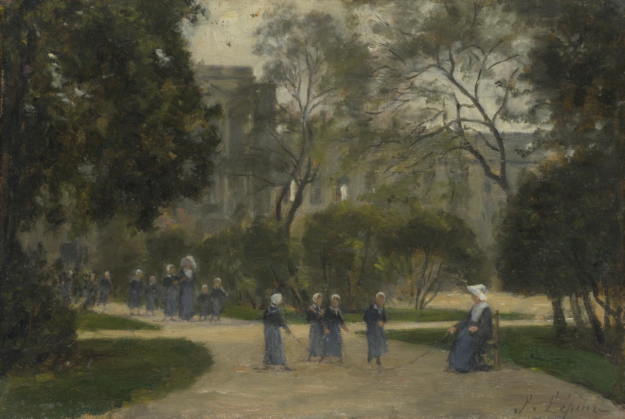 Nunnor och skolflickor i Tuilerierna, Paris, 1870-1880-talen av Stanislas Lepine
