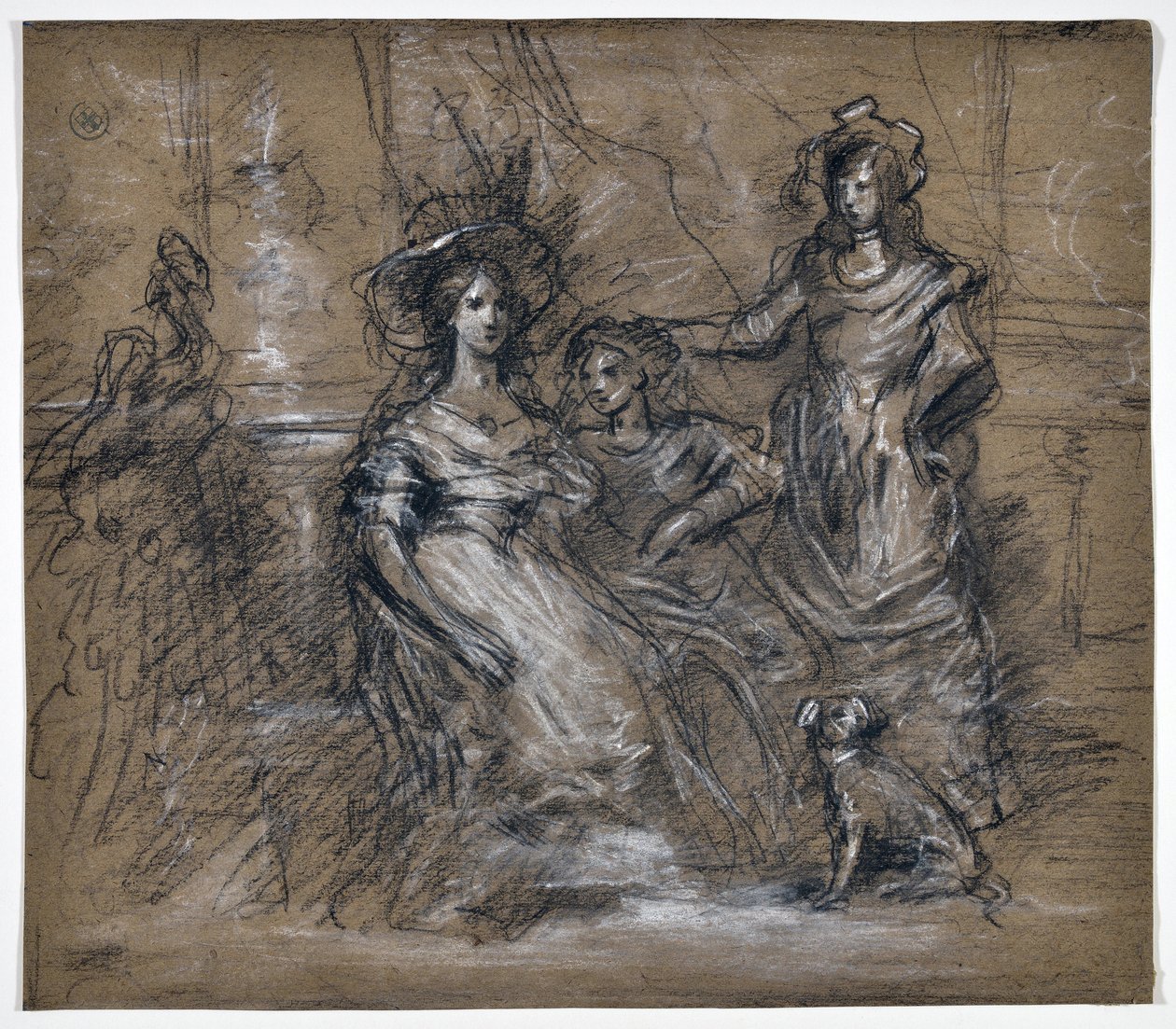 Studie av tre kvinnor och en hund (teckning) av Stanislas Torrents y de Amat