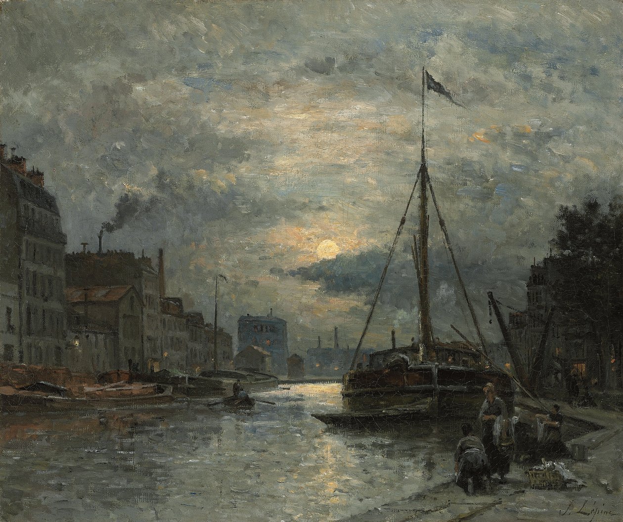 Saint-Martin-kanalen vid månsken; Canal Saint-Martin vid månsken, av Stanislas Victor Edouard Lepine
