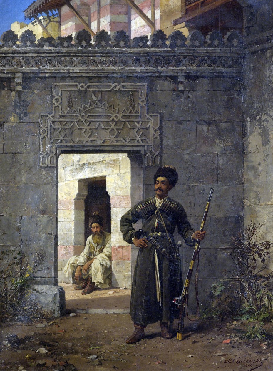 ""Les gardes tcherkesses"" (De tjerkassiska vakterna) peinture de Stanislav Khlebovsky (Khlebovski) (1835-1884) - 1880 - Olja på duk Dim 55,5x41,2 cm Privat samling av Stanislaus von Chlebowski