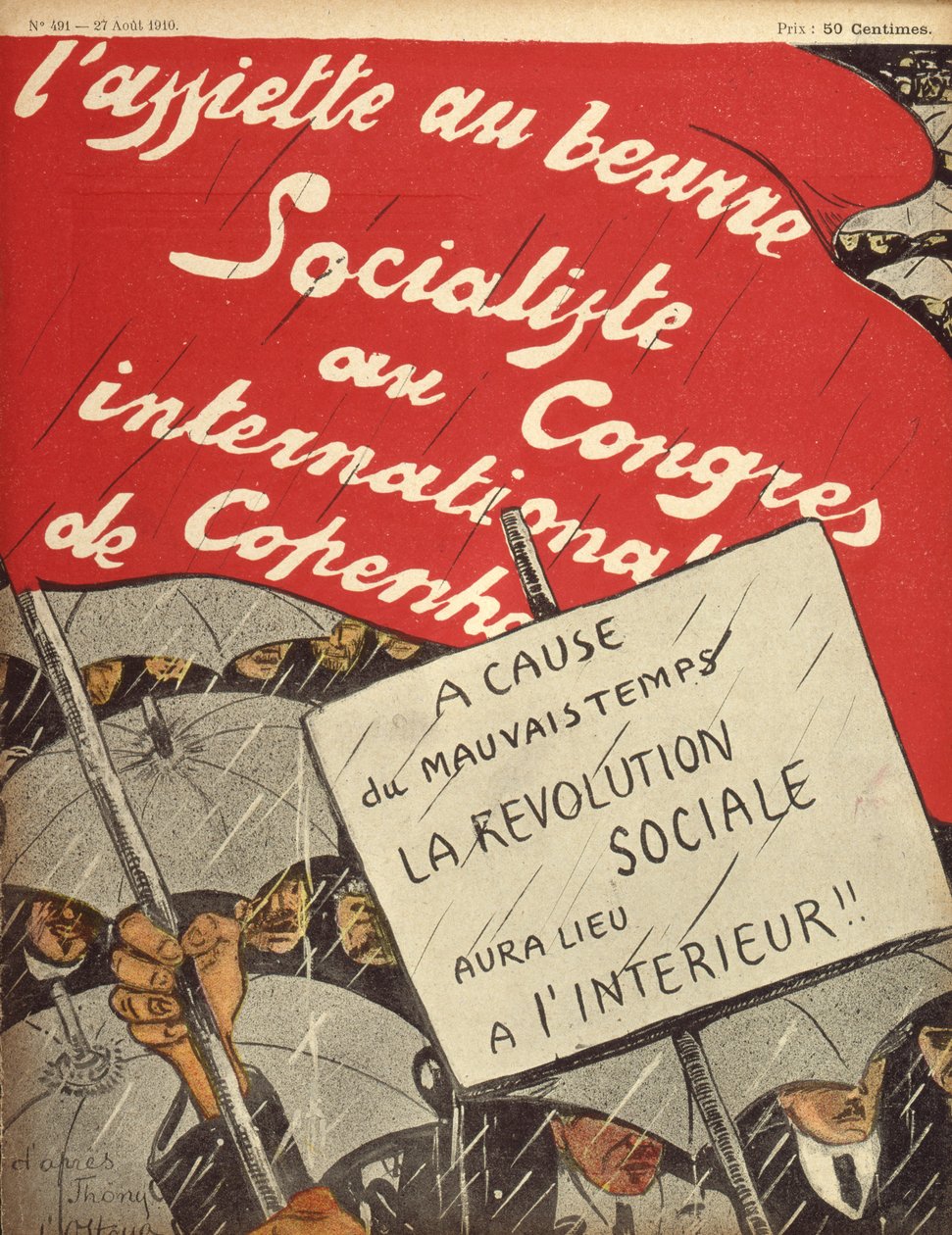 På grund av dåligt väder kommer den sociala revolutionen att äga rum inomhus, titelsida från LAssiette au Beurre, 27 augusti 1910 (färgstick) av Stanislav Ostoja Chrostovski