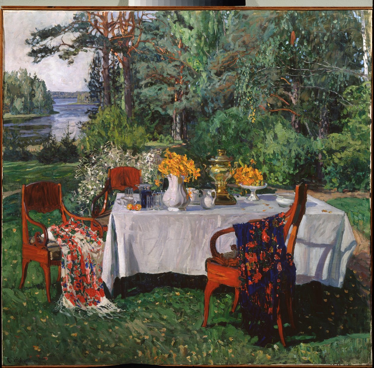 Framför terrassen. Målning av Stanislav Yulianovich Zhukovsky (Zhukovsky) (1873-1944), olja på duk av Stanislav Joulianovitch Joukovski