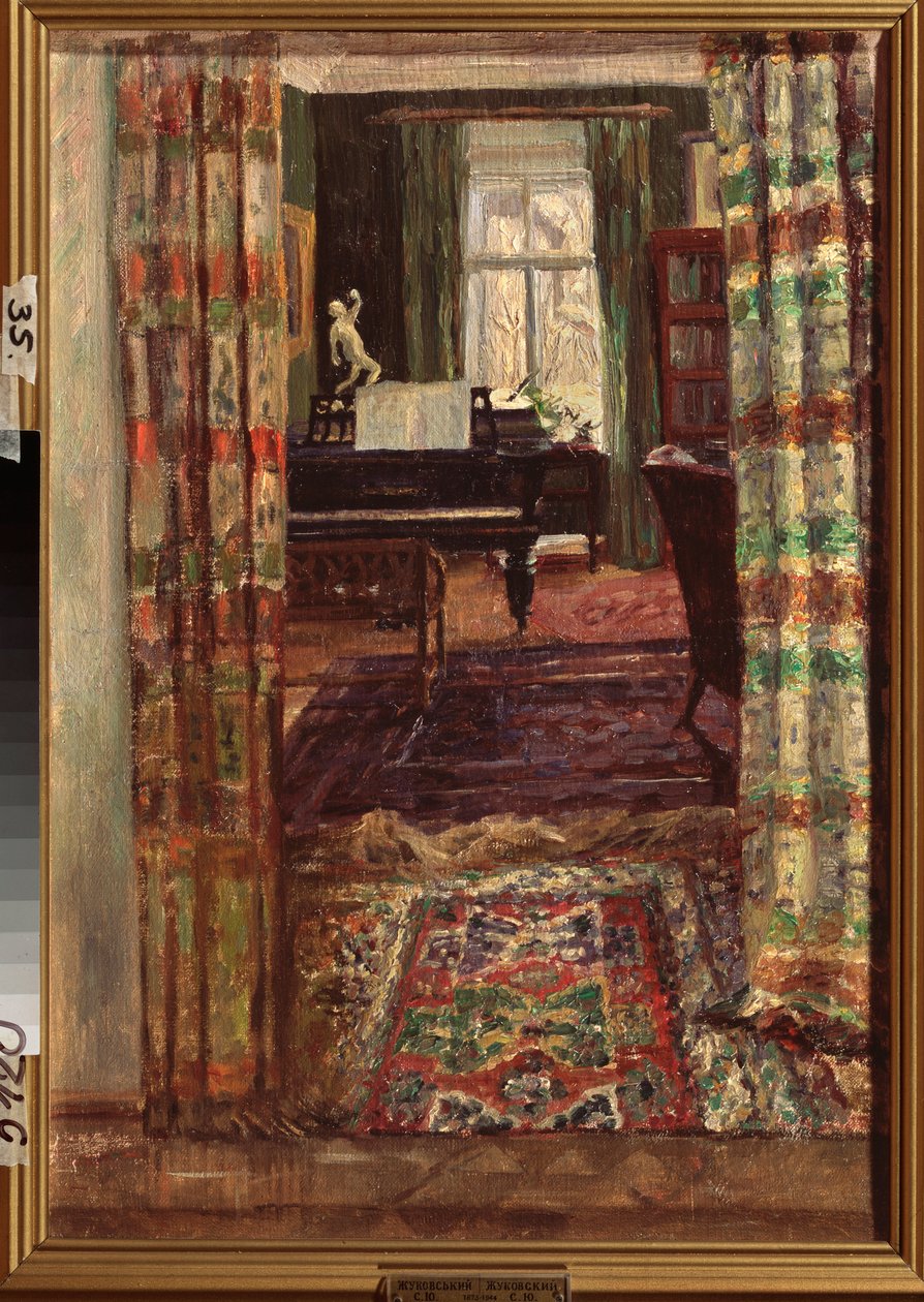 Inredning med flygel. Målning av Stanislav Yulianovich Zhukovsky (Zhukovsky) (1873-1944), olja på duk av Stanislav Joulianovitch Joukovski