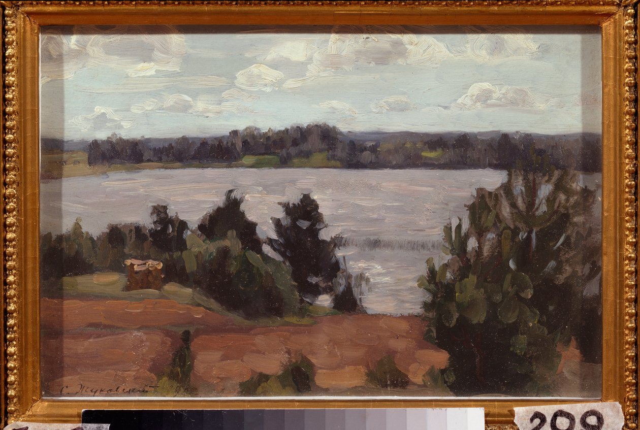 På stranden av sjön. Verk av Stanislav Yulianovich Zhukovsky (Zhukovsky) (1873-1944), olja på kartong av Stanislav Joulianovitch Joukovski