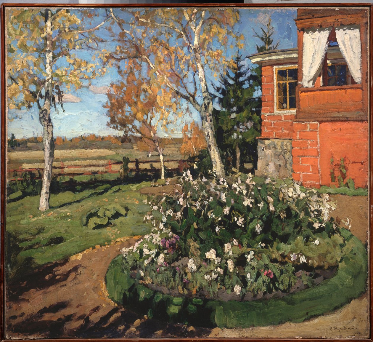 En rabatt. (Framför ett hus och ett landsbygdslandskap). Målning av Stanislav Yulianovich Zhukovsky (Zhukovsky) (1873-1944), olja på duk av Stanislav Joulianovitch Joukovski