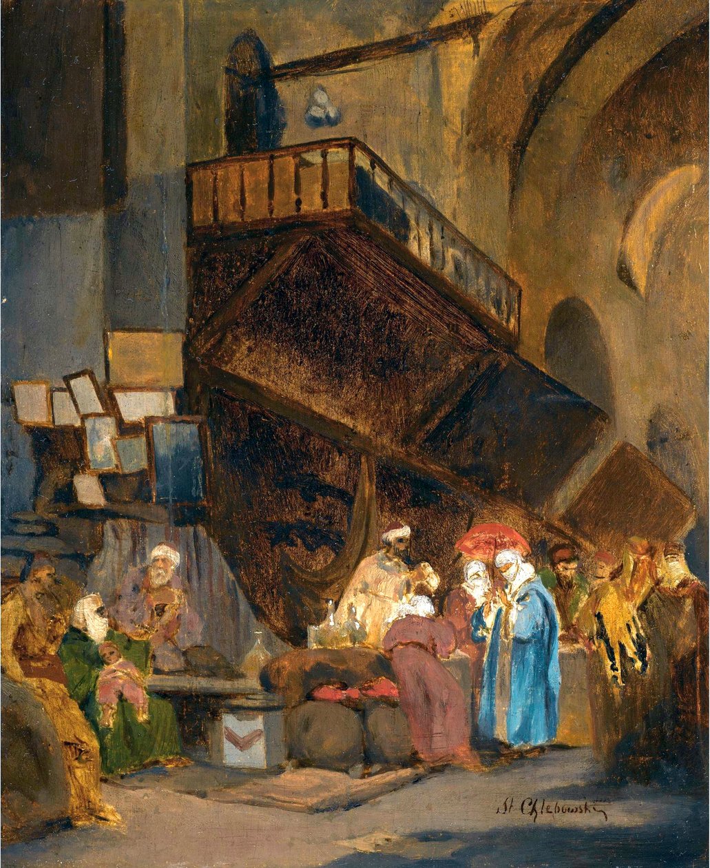 Bazar a Constantinople - Peinture de Stanislaw Chlebowski (1835-1884), orientalism - Bazaar in Constantinople - Olja på trä av Stanislav Khlebovsky (1835-1884) - 26x21 cm - Privat samling av Stanislaw Chlebowsky