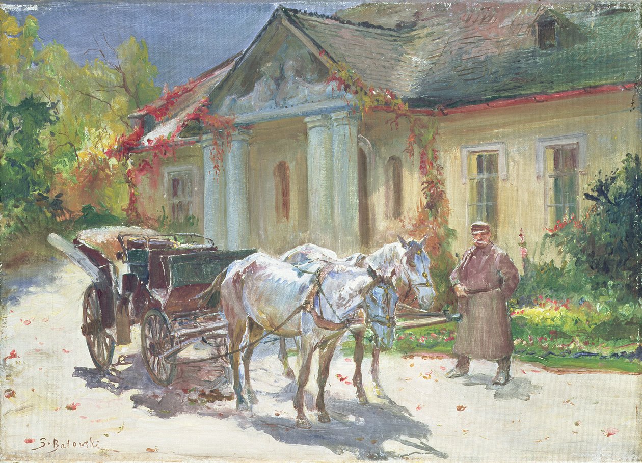 Framför en polsk herrgård, ca 1930 (olja på duk) av Stanislaw Kaczor Batowski