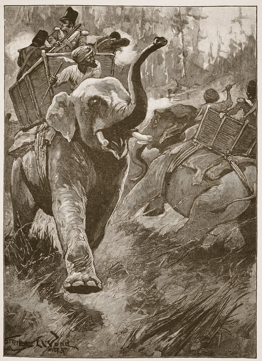 De rädda elefanterna rusade tillbaka och kraschade genom skogen, illustration från "Battles of the Nineteenth Century" av Archibald Forbes, G.A. Henty och major Arthur Griffiths av Stanley L. Wood