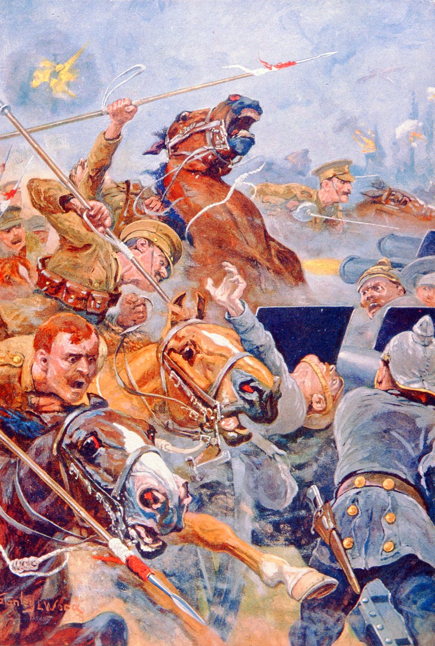 The 9th Lancers Charge under Retreat from Mons (färg litho) av Stanley L. (after) Wood