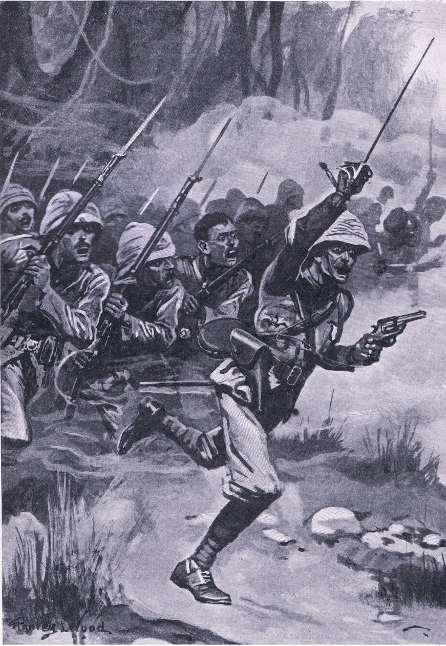 Britterna laddar Ashantis vid Amoaful, 31 januari 1874, illustration från brittiska striderna på land och hav, 1915 av Stanley L. Wood