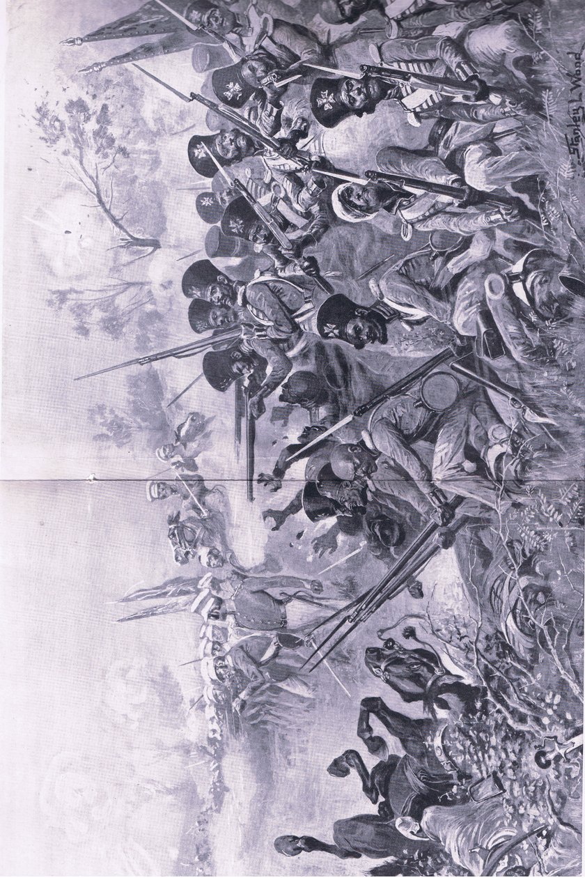 Chilianwala, 13 januari 1849: Goddys Brigade gör ett tappert ställningstagande när den omges av sikher, illustration från brittiska striderna på land och hav, 1915 av Stanley L. Wood