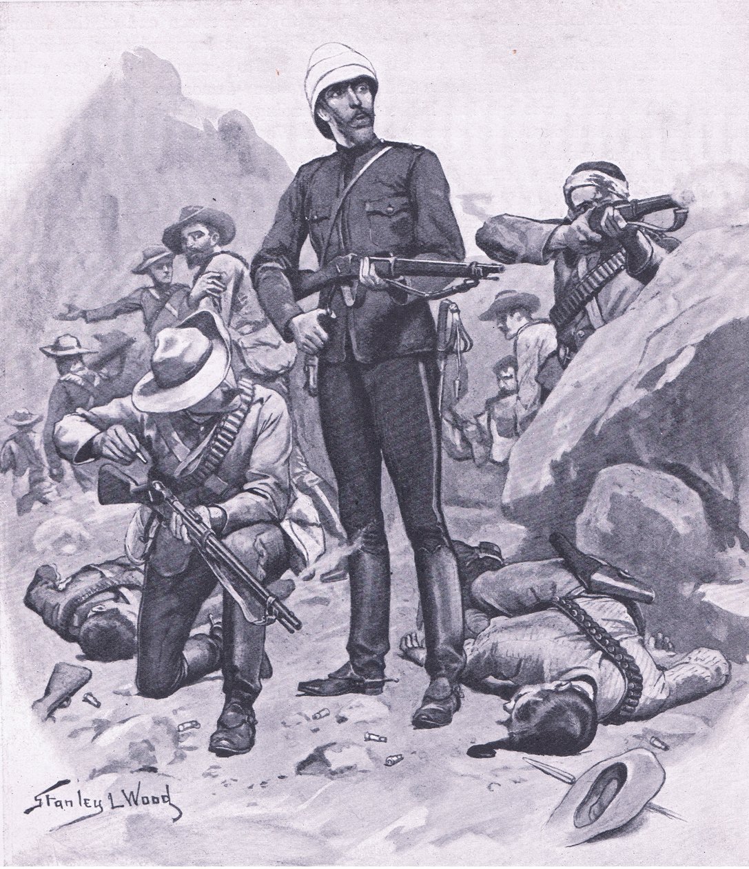 Överste Buller vid Inhlobane Mountain, mars 1879, illustration från brittiska striderna på land och hav, 1915 av Stanley L. Wood