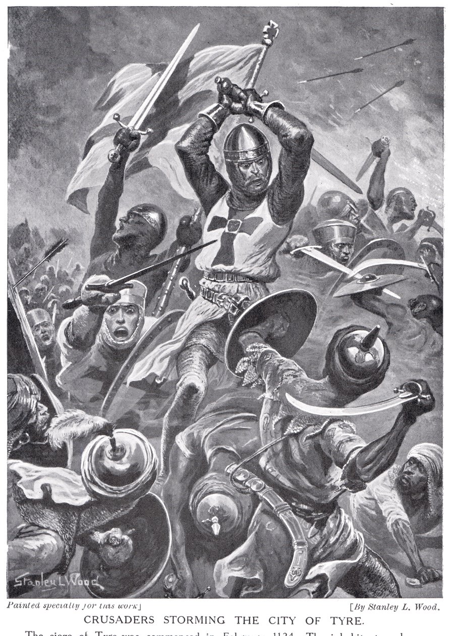Korsfarare stormar staden Tyrus, illustration från "Hutchinson