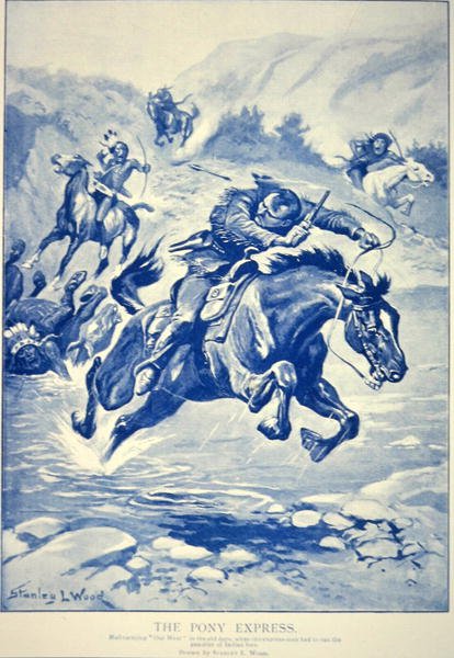 Pony Express förföljd av indianer (litho) av Stanley L. Wood