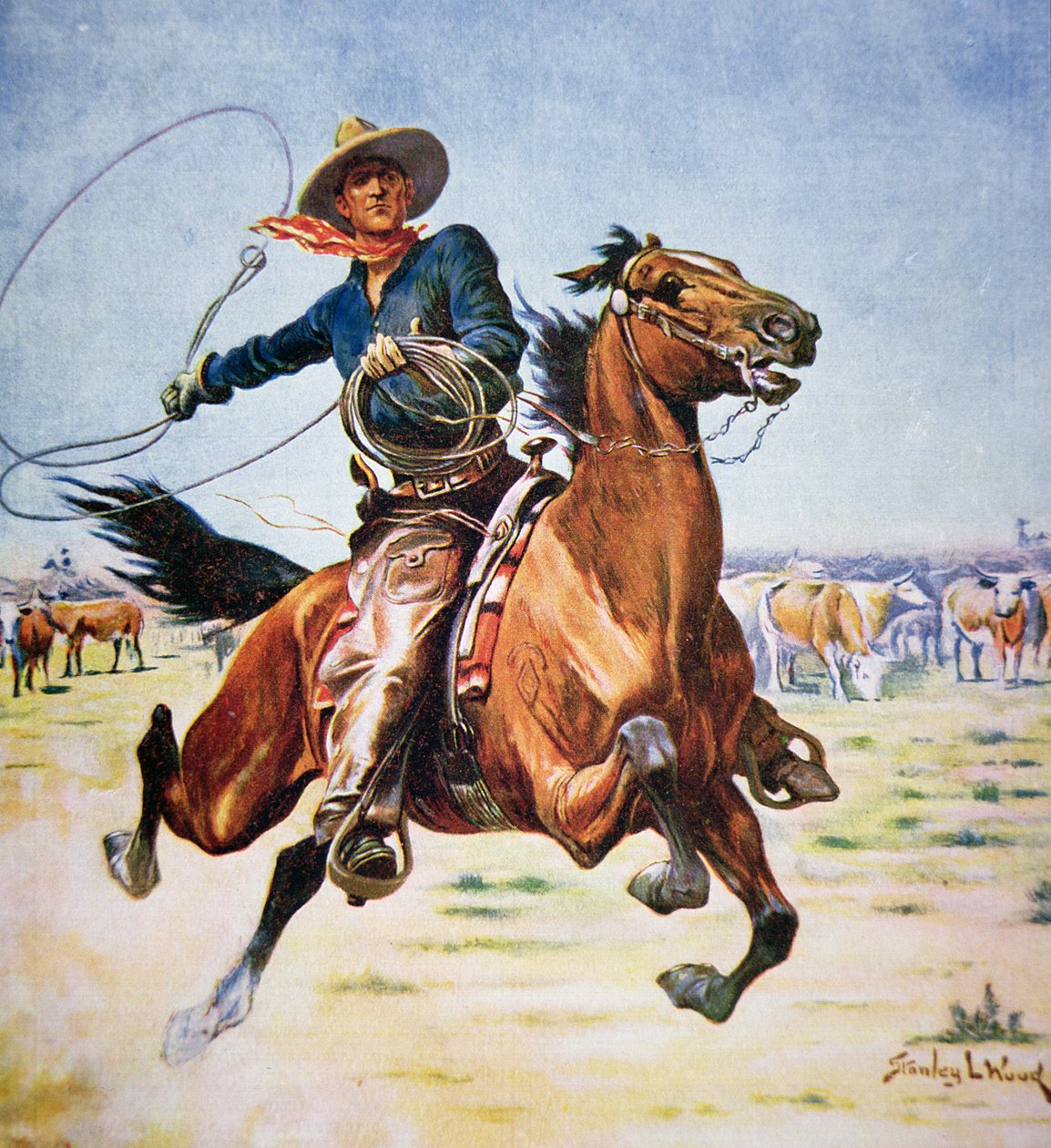 Texas Cowboy (färg litho) av Stanley L. Wood