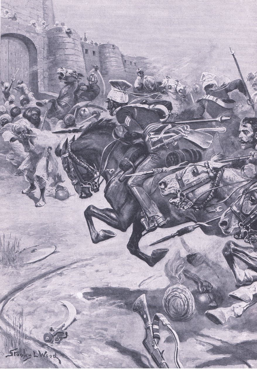 Den 16:e Lancers and Skinners Horse driver Jats in i Bharatpur; December 1825, illustration från British Battles on Land and Sea, 1915 av Stanley L. Wood