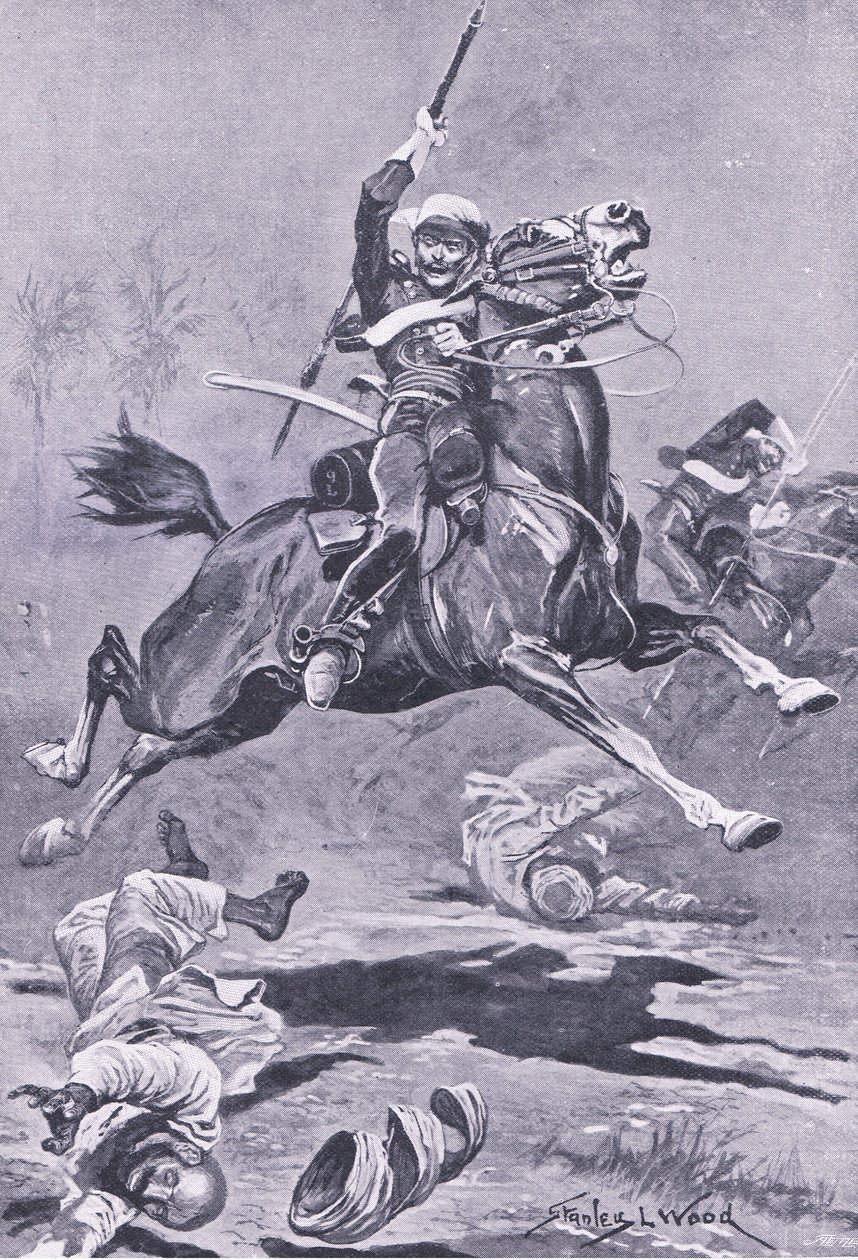 The 9th Lancers at Delhi, 1857, illustration från British Battles on Land and Sea, 1915 av Stanley L. Wood