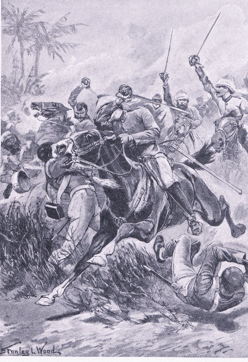 Frivilligt kavalleri utanför Lucknow, 30 juni 1857, illustration från British Battles on Land and Sea, 1915 av Stanley L. Wood