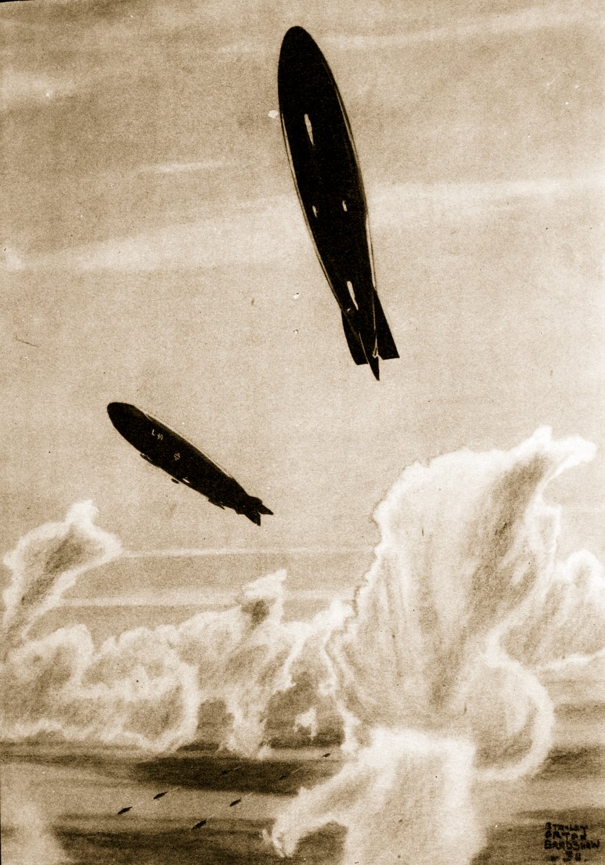 Zepps on North Sea Patrol, illustration från "Flying Memories" av John Hamilton av Stanley Orton Bradshaw