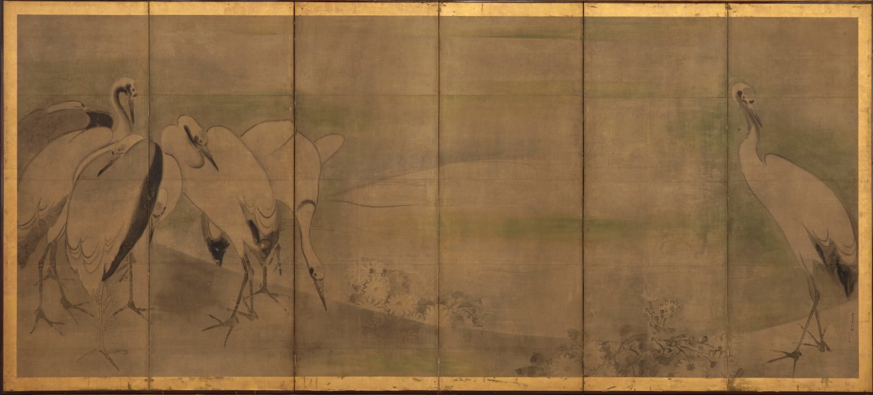 Tranor och krysantemum, Momoyama- eller Edo-perioden, 1568-1868. av Sôtatsu