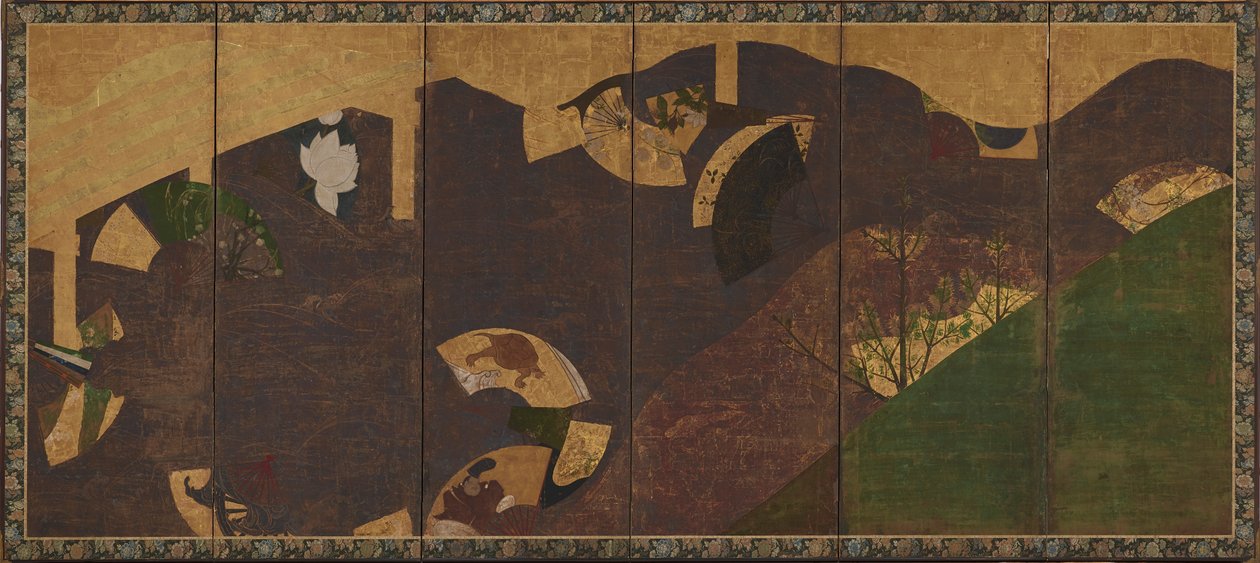 Murgrönarankor, broar och flytande fläktar, Momoyama- eller Edo-perioden, tidigt 1600-tal. av Sôtatsu