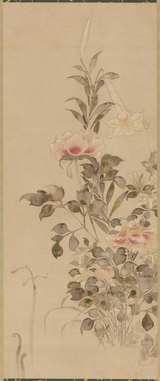 Pioner och liljor, Momoyama- eller Edo-perioden, 1568-1615. av Sôtatsu