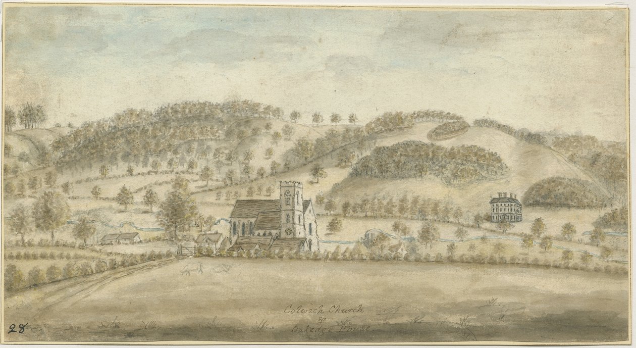 Colwich Church och Oakedge House: akvarellmålning, nd [1762-1802] (målning) av Stebbing Shaw
