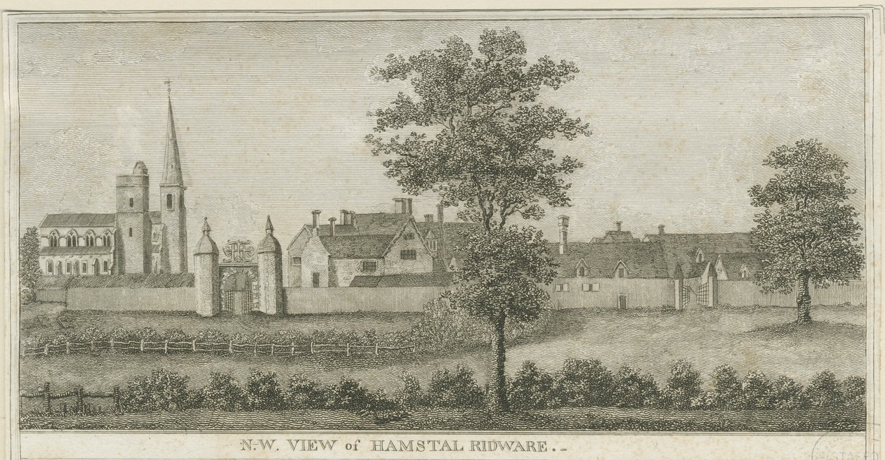 Hamstall Ridware - Kyrka och herrgård: gravyr, nd [1762-1802] (tryck) av Stebbing Shaw