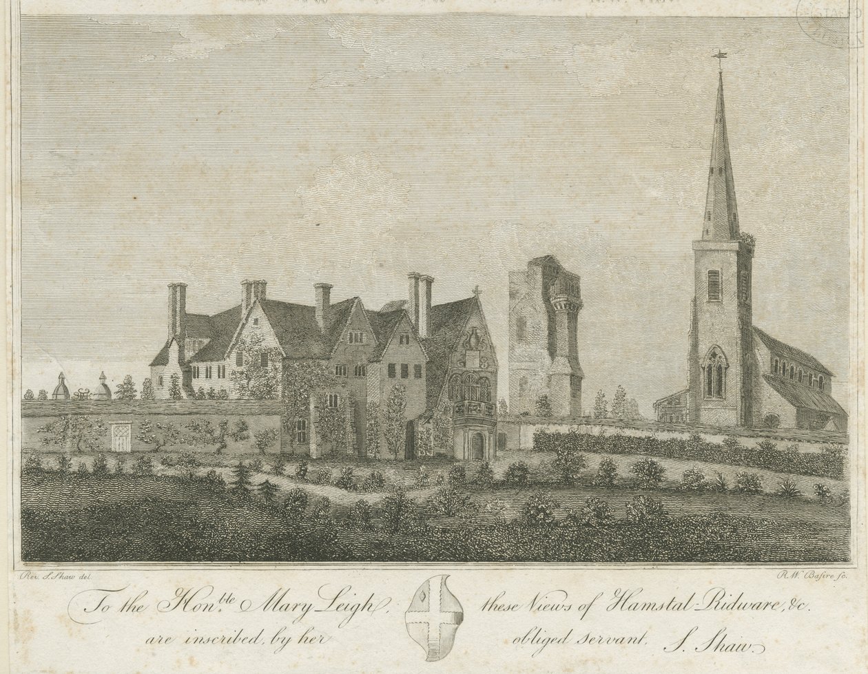 Hamstall Ridware - Kyrka och herrgård: gravyr, nd [1762-1802] av Stebbing Shaw