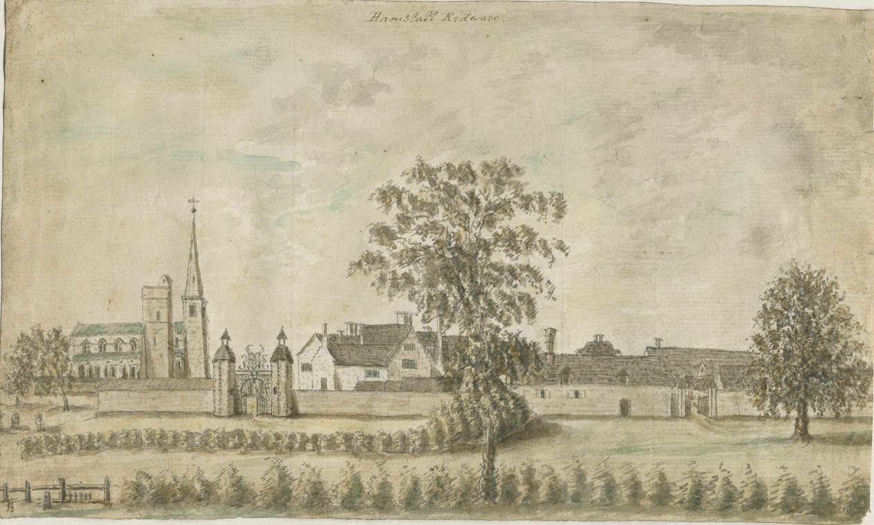 Hamstall Ridware - Kyrka och herrgård: akvarellmålning, nd [1762-1802] av Stebbing Shaw
