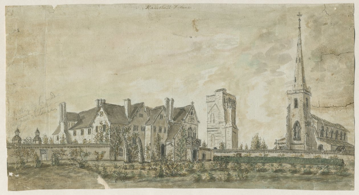 Hamstall Ridware - Kyrka och herrgård: akvarellmålning, nd [1762-1802] av Stebbing Shaw
