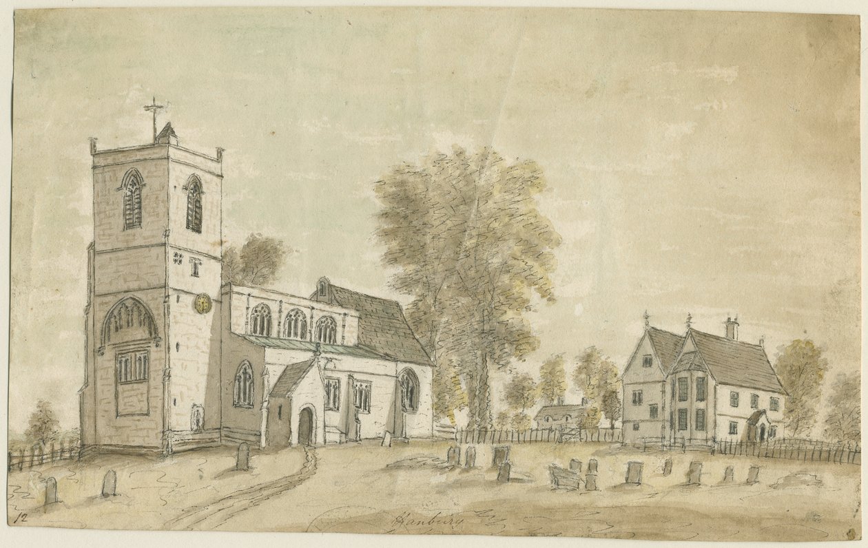Hanbury Church: akvarellmålning, 1791 av Stebbing Shaw