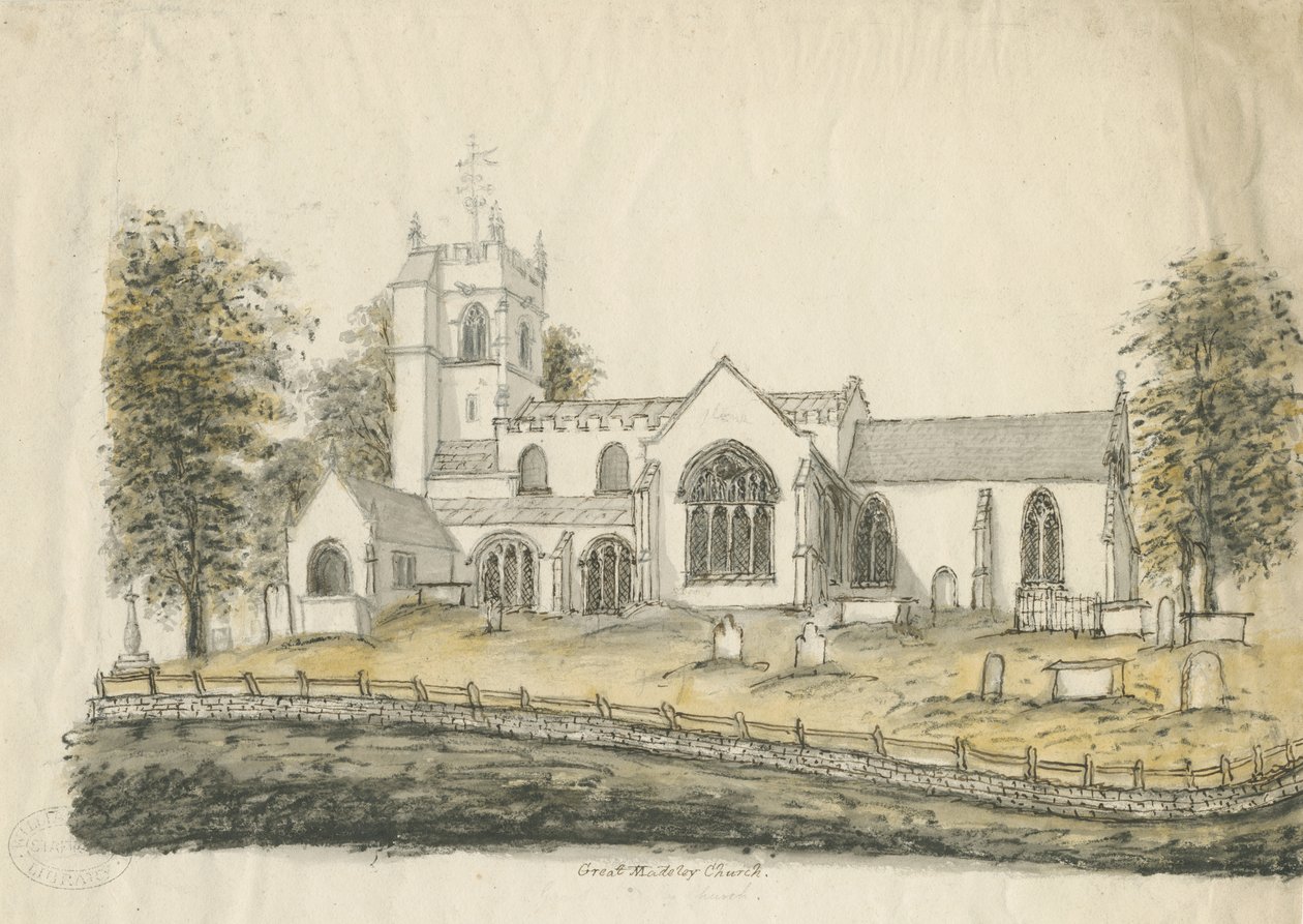 Madeley Church: akvarellteckning, nd [1762-1802] av Stebbing Shaw