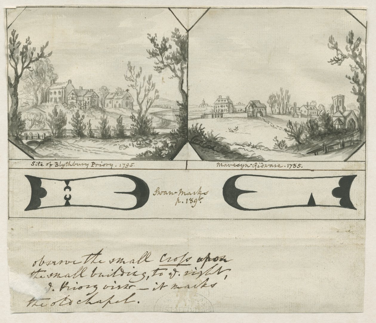 Mavesyn Ridware - Site of Blythbury Priory: indisk tuschteckning, 1795 av Stebbing Shaw