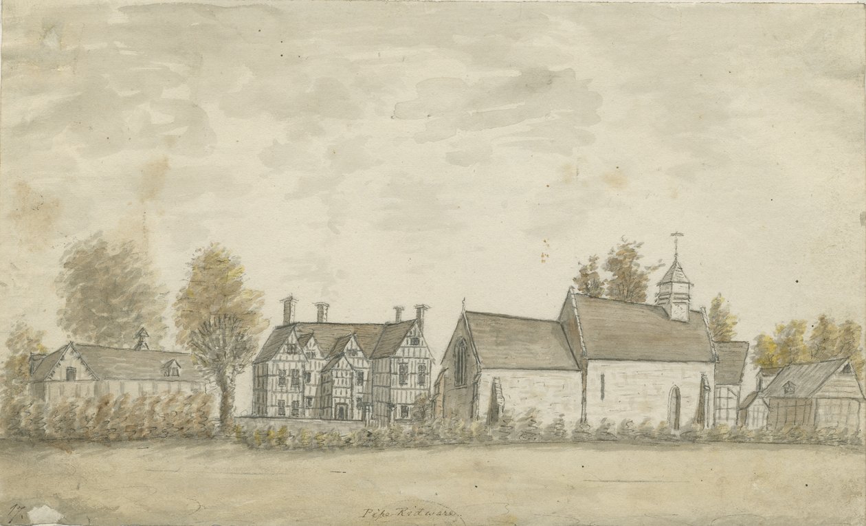 Pipe Ridware Church and Manor House: akvarellmålning, nd [1762-1798] av Stebbing Shaw