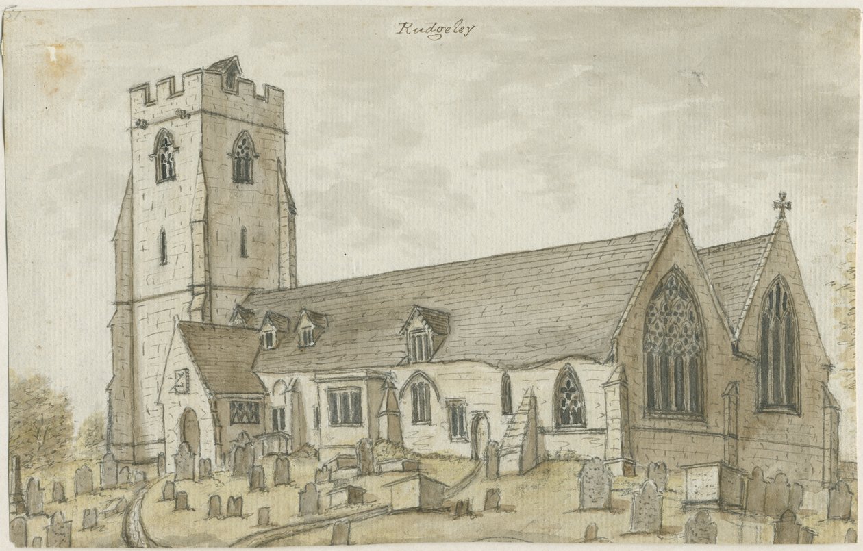 Rugeley Church (gammal): akvarellmålning, nd [1762-1802] (målning) av Stebbing Shaw