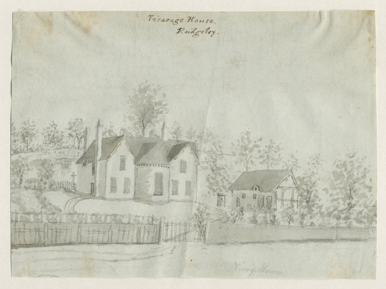 Rugeley Town - Vicarage: sepiatvättteckning, nd [1762-1802] (ritning) av Stebbing Shaw