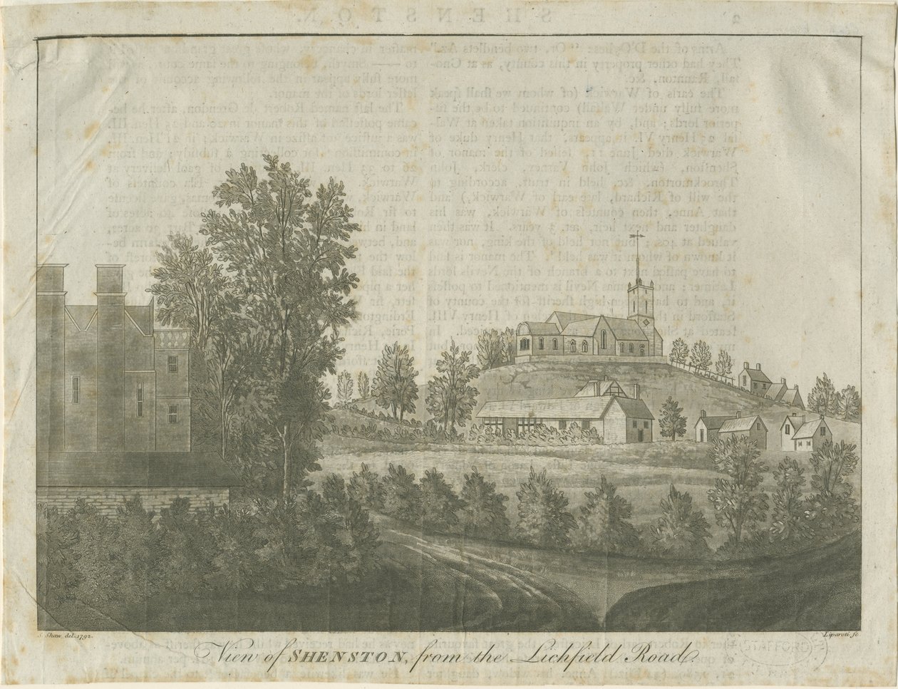 Shenstone Church and Village: akvatintgravyr, 1792 av Stebbing Shaw