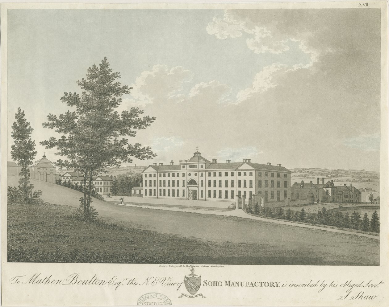 Soho Manufactory: färgad akvatintgravyr, nd [c 1798] (tryck) av Stebbing Shaw