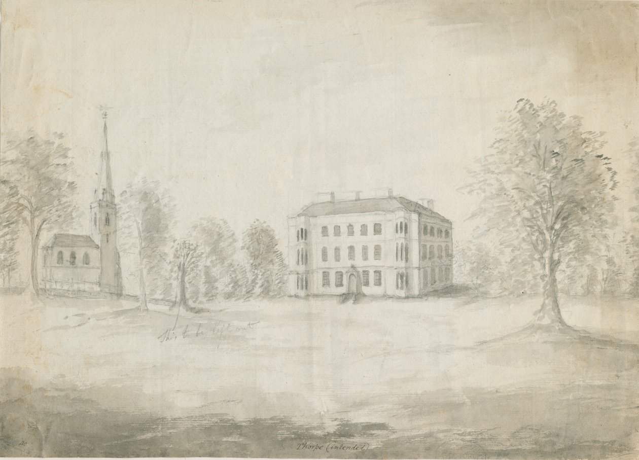 Thorpe Constantine Church and Hall: ritning med blyerts och tvätt, nd [1762-1802] av Stebbing Shaw