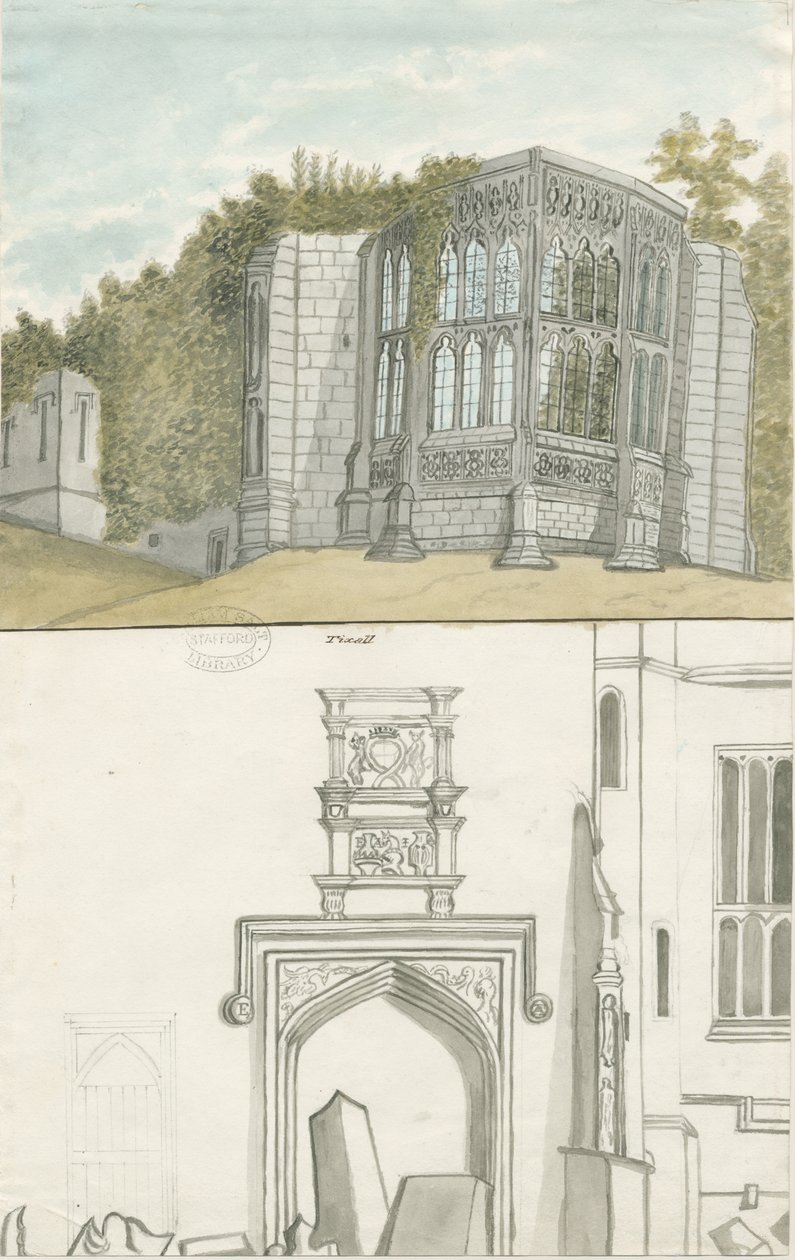 Tixall - Gotiska fönster och heraldiska antikviteter: akvarellmålning, nd [1762-1802] (målning) av Stebbing Shaw