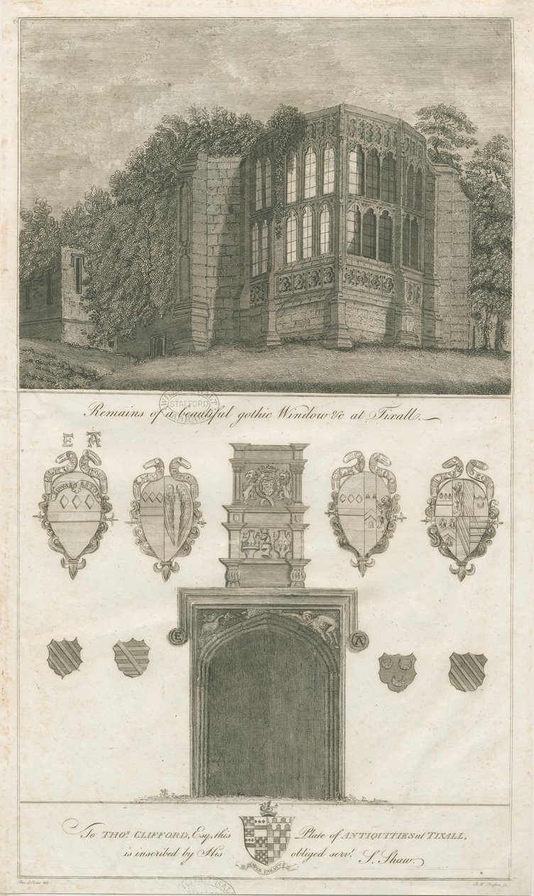 Tixall Hall - Gotiska fönster och heraldiska antikviteter: gravyr, nd [1762-1802] (tryck) av Stebbing Shaw